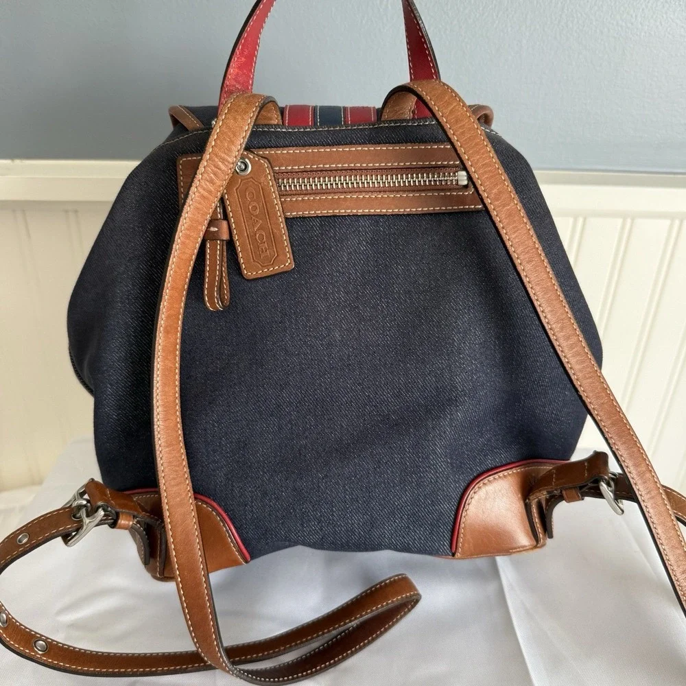 Vintage Coach Denim Blue Chambray Red Brown Leather Trim Backpack Purse 2004